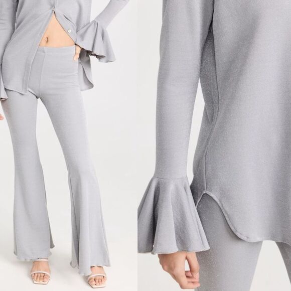 Sleeper Venera Lurex Lounge Suit Set Top and Pants Silver Flared Cuffs NWT $350 - Picture 4 of 11